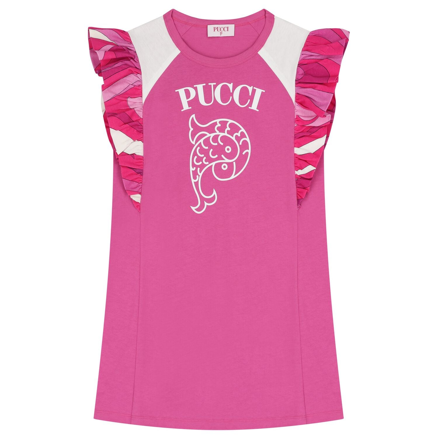 فستان لبلبنات باللون وردي وأبيض مكشكش بشعار, 2, hi-res