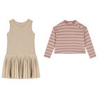 Girls Pink & Beige Striped Dress Set, 1, hi-res