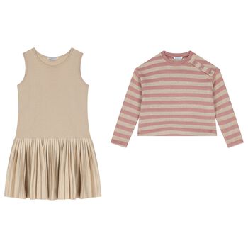 Girls Pink & Beige Striped Dress Set