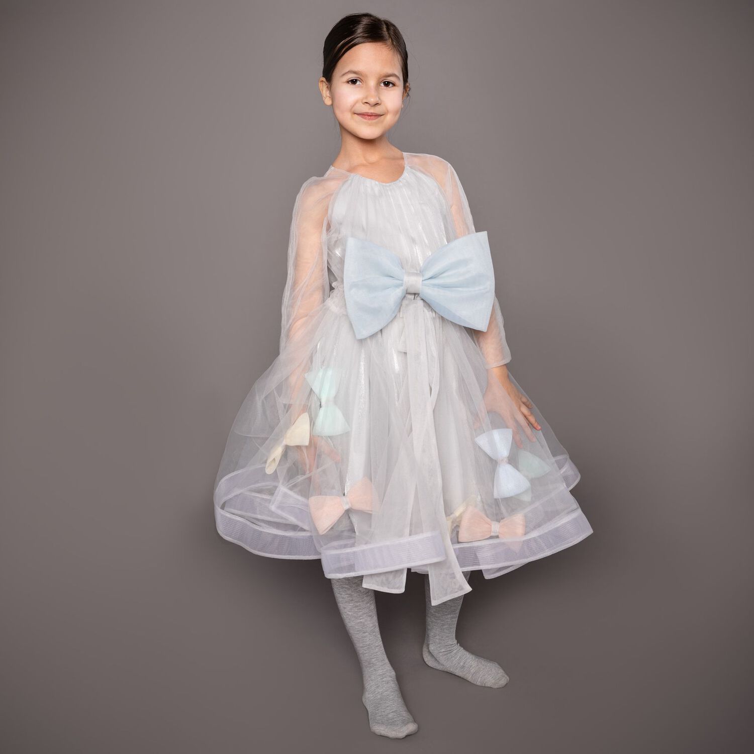 Girls Grey & Blue Bow Dress, 1, hi-res image number null