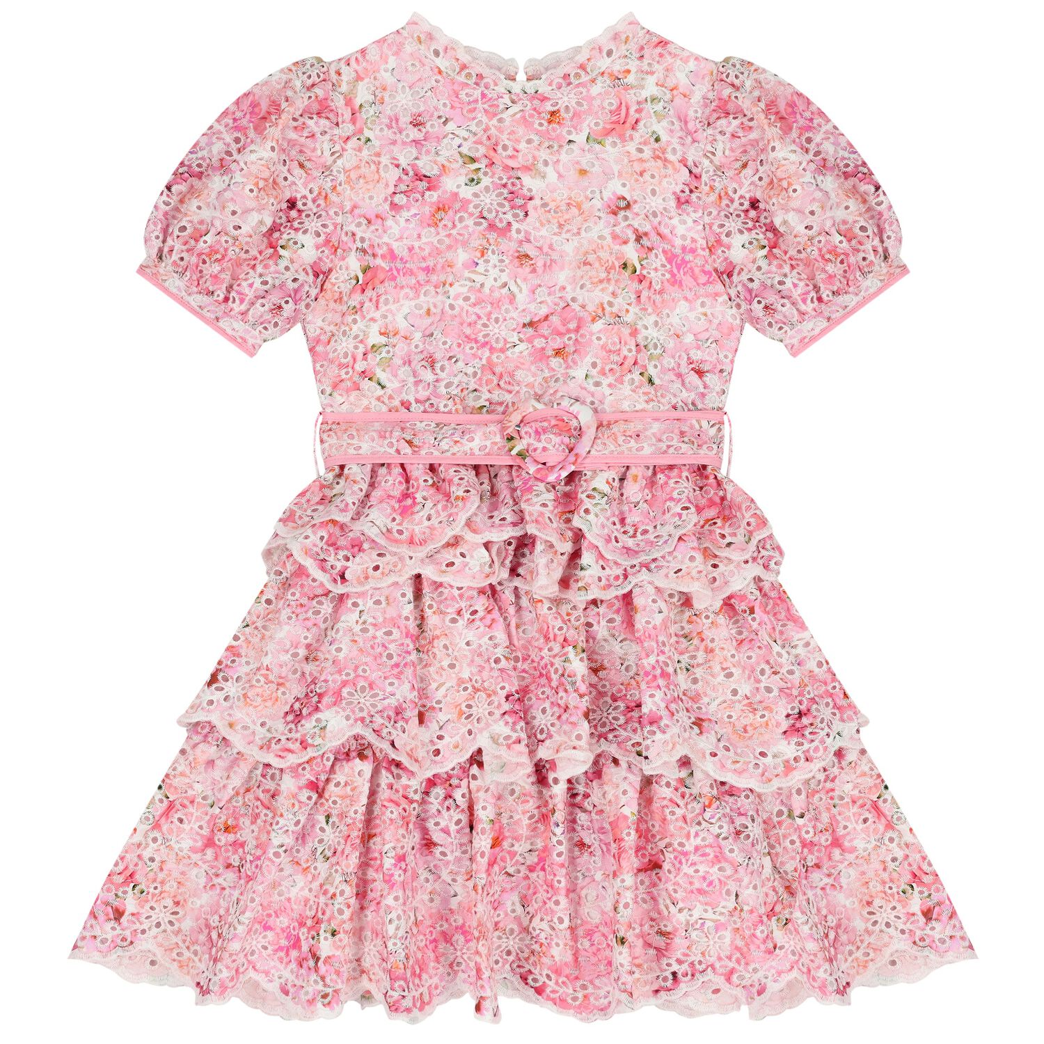 Girls Pink Embroidered Floral Tiered Dress , 1, hi-res