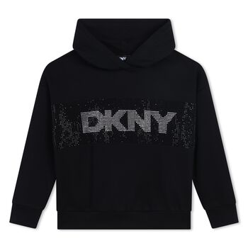 Girls Black Rhinestone Logo Hooded Top