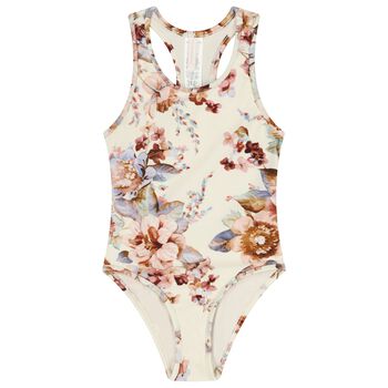Girls Ivory & Pink Floral Swimsuit
