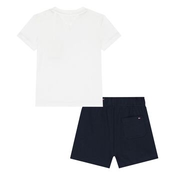 Younger Boys White & Navy Cotton Shorts Set