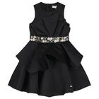 Girls Black Crystal Satin Ruffle Dress, 1, hi-res