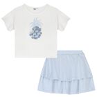 Girls White & Blue Embellished Skirt Set, 1, hi-res