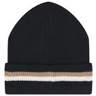 Boys Black Logo Beanie Hat, 1, hi-res