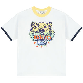 Boys White Embroidered Tiger Logo T-Shirt