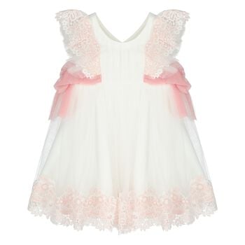 فستان بنات من الدانتيل والتول باللون الأبيض والوردي 