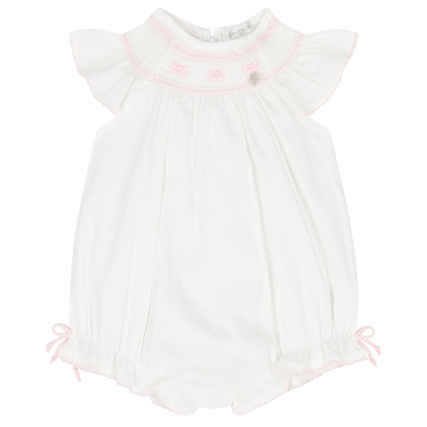 Baby Girls White & Pink Bow Romper, 1, hi-res
