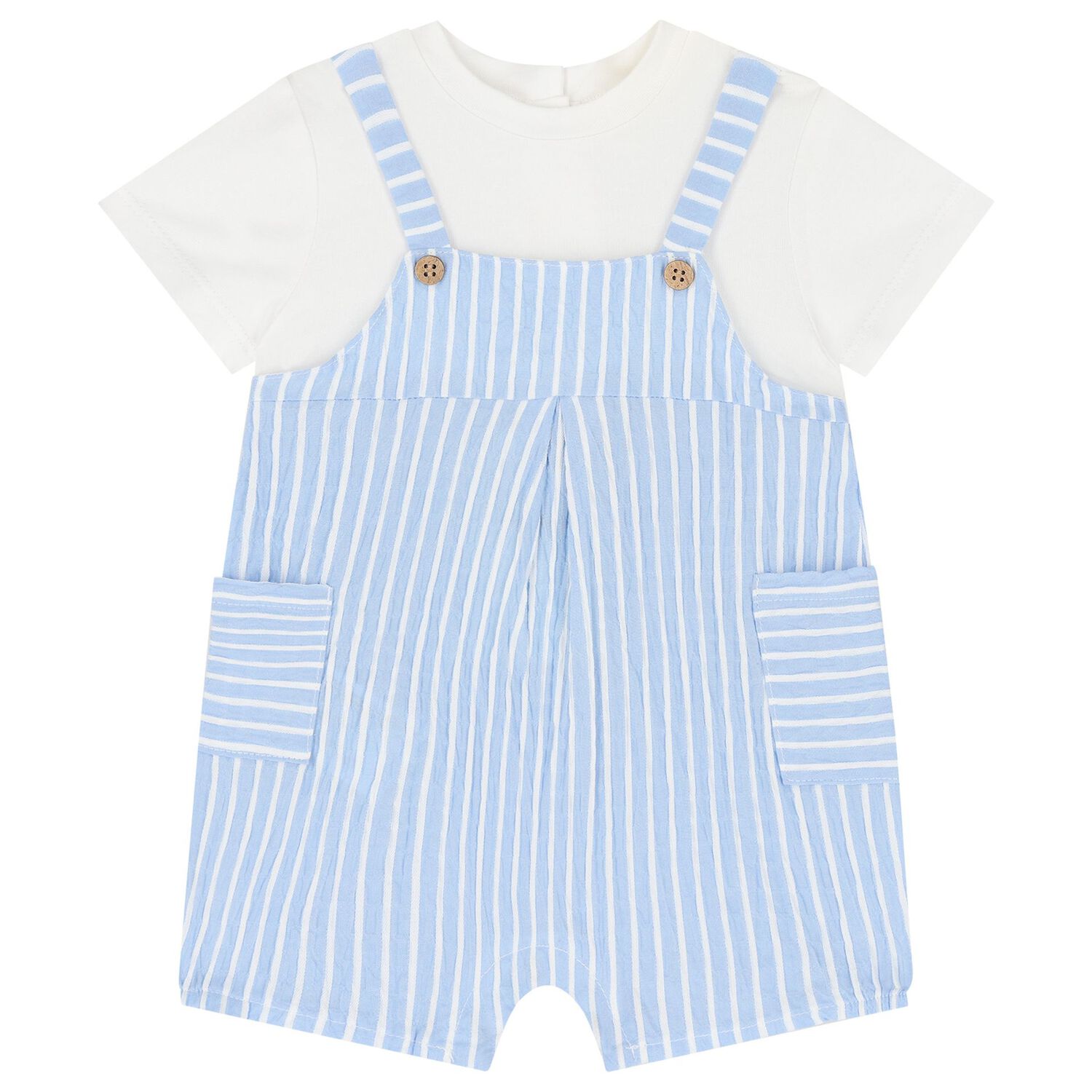 Baby Boys Blue & Ivory Striped Baby Romper Set, 2, hi-res