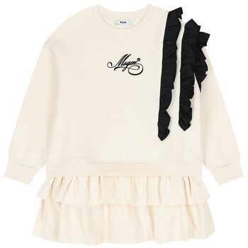 Girls Ivory & Black Logo Ruffled Dress