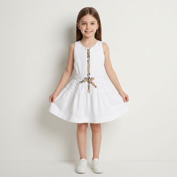 Younger Girls White Check Sleeveless Dress