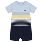Baby Boys Blue Striped Logo Romper & Hat Set, 1, hi-res