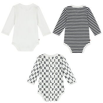 Baby Boys White & Navy Blue Logo Bodysuits (3-Pack)