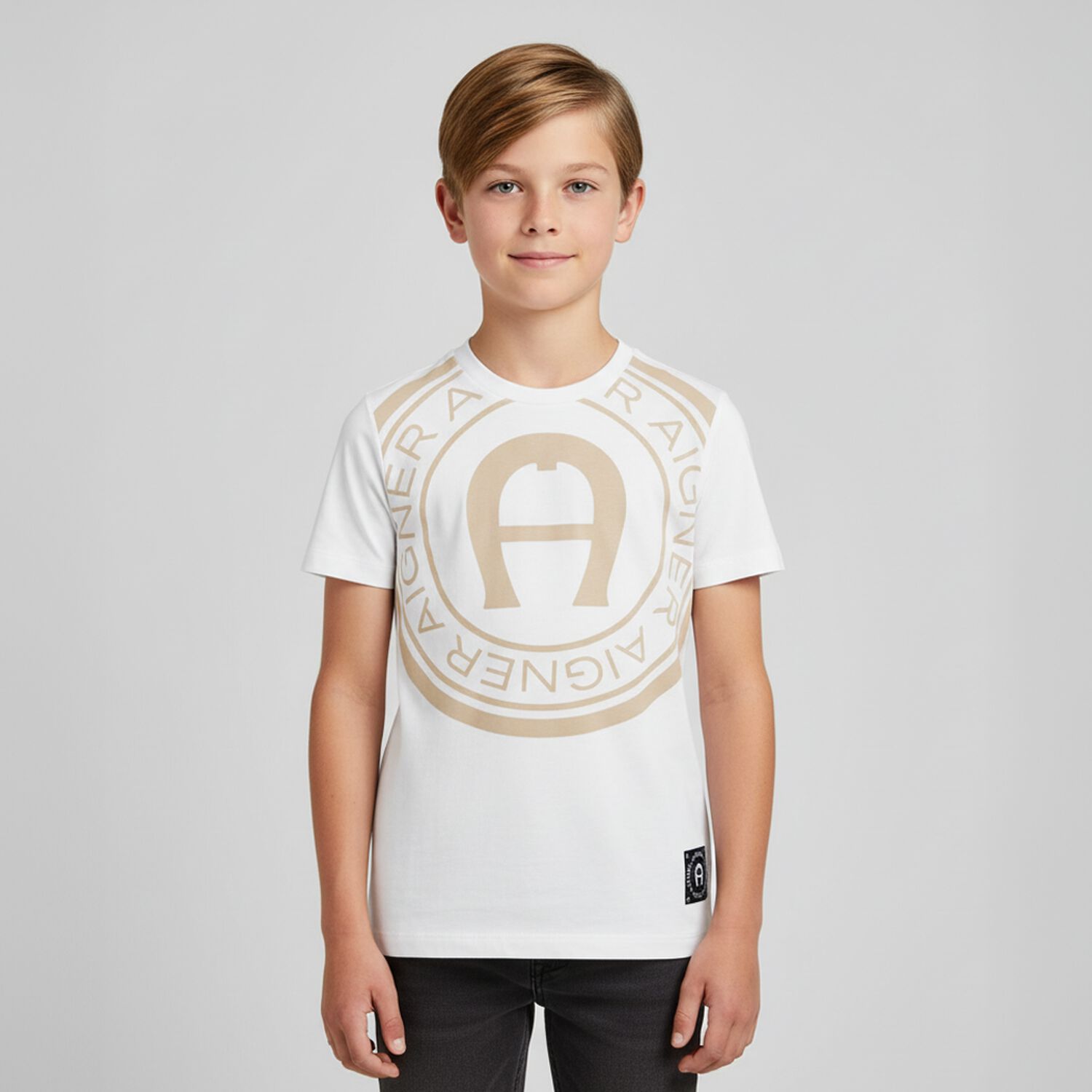 Boys White & Beige Logo T-Shirt, 4, hi-res