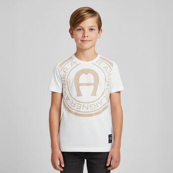 Boys White & Beige Logo T-Shirt