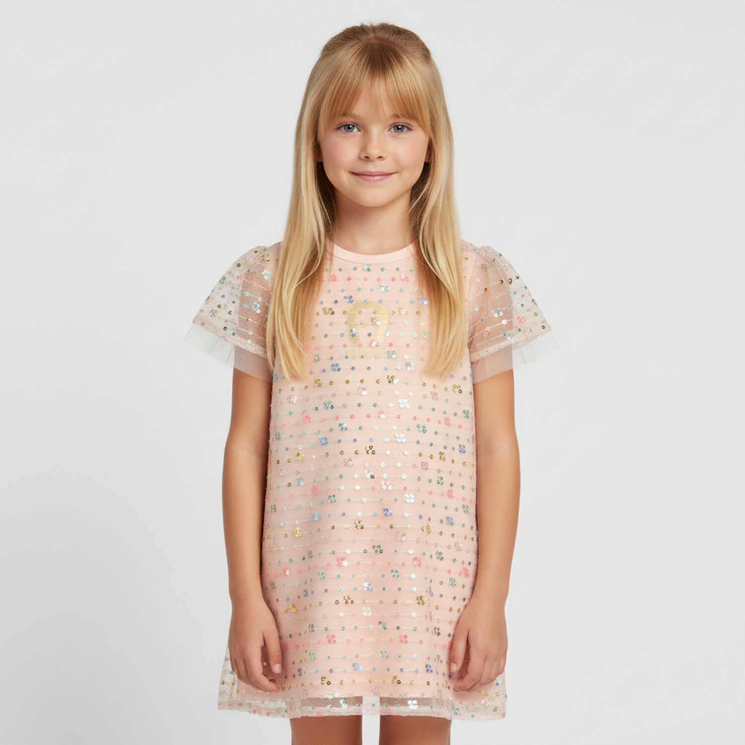 Girls Pink Logo Sequin Dress, 2, hi-res