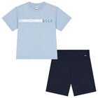 Boys Blue & Navy Blue Logo Shorts Set, 1, hi-res