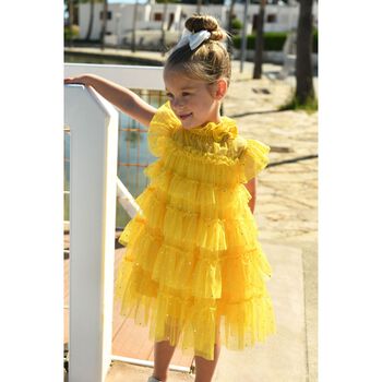 Girls Yellow Embellished Tiered Tulle Dress