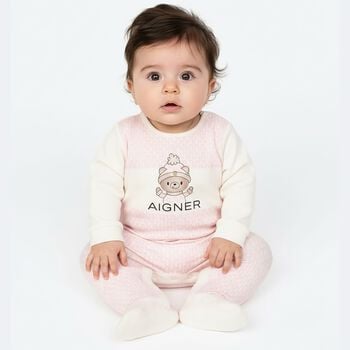 Baby Girls Ivory & Pink Teddy Bear Logo Babygrow