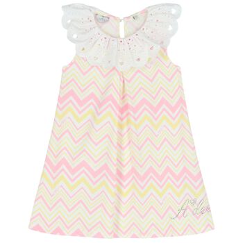 Girls White & Yellow Zig Zag Striped Dress