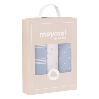 مناديل قماش موسلين أولاد  باللون الأبيض والأزرق (3 قطع)