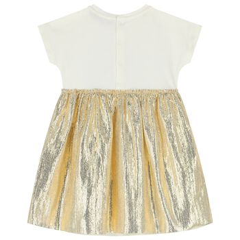 Younger Girls Ivory & Gold Logo Dress