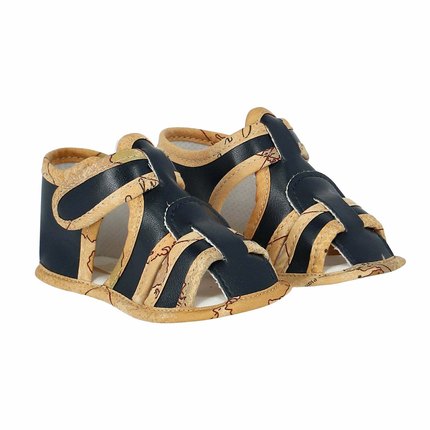 Navy Blue & Beige Geo Map Pre Walker Shoes, 1, hi-res image number null