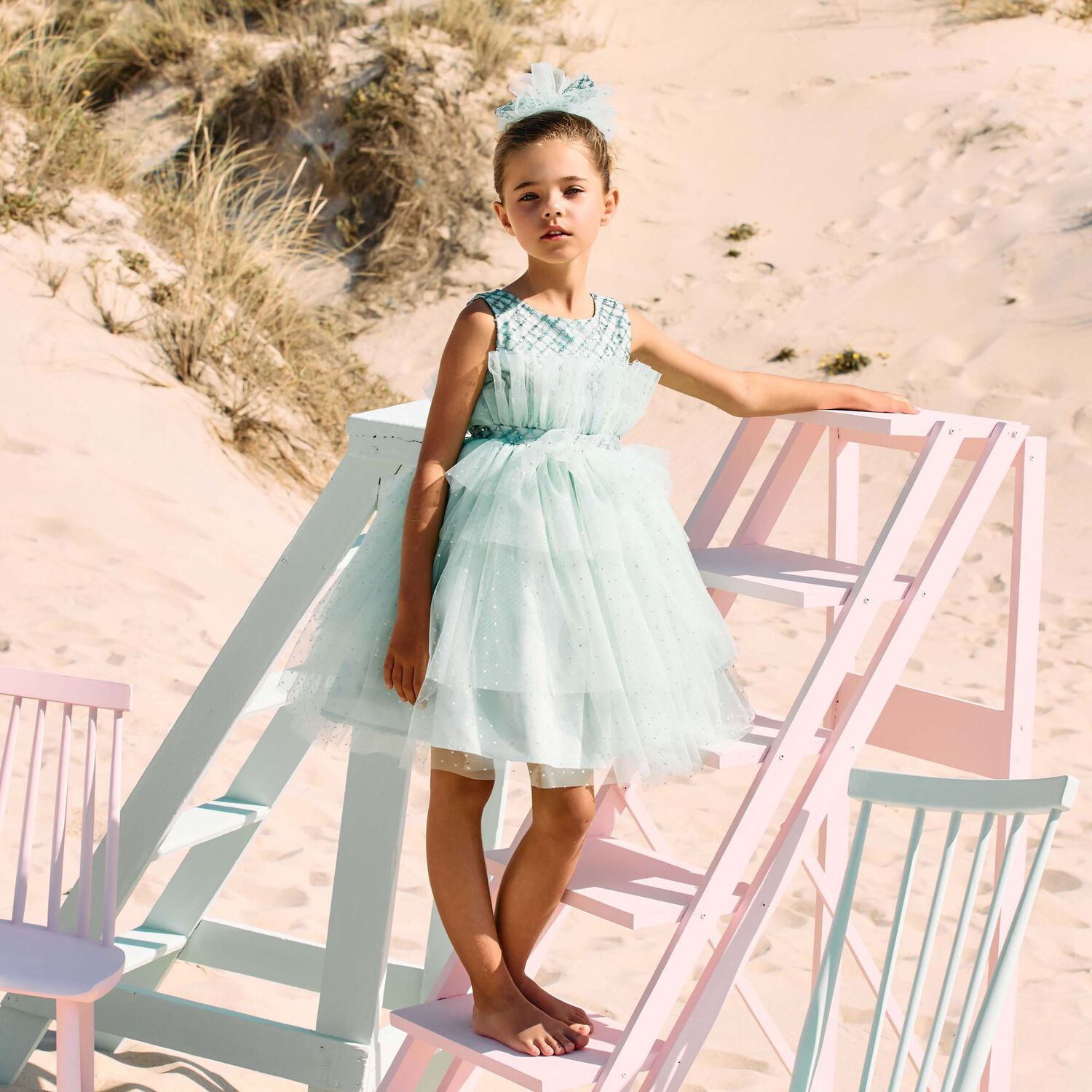 Girls Green Embellished Haute Couture Dress, 1, hi-res