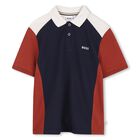 Boys Navy Blue, Orange & Ivory Logo Polo Shirt, 3, hi-res
