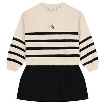 Girls Beige & Black Logo Striped Dress