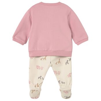 Baby Girls Pink & Beige Safari Animal 2 Piece Babygrow