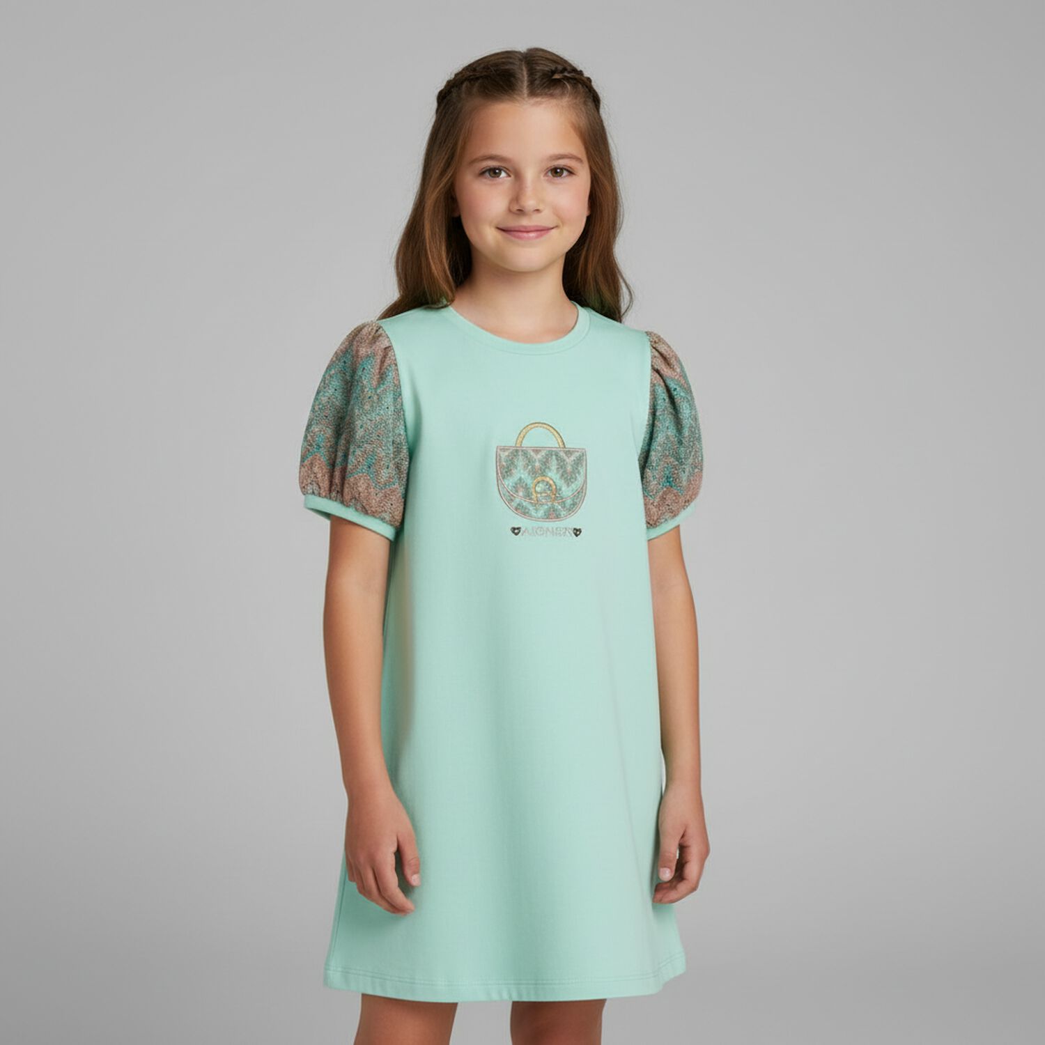 Girls Green Logo Bag Dress, 1, hi-res