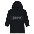 Girls Black Rhinestone Logo Hooded Dress, 1, hi-res