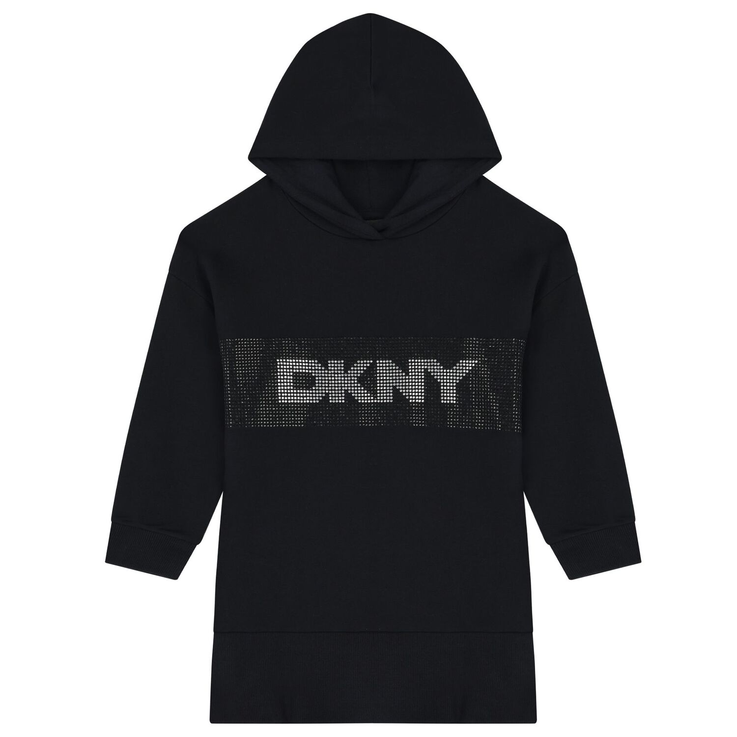 Girls Black Rhinestone Logo Hooded Dress, 1, hi-res image number null