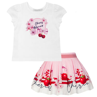 Girls White & Pink Floral & Cherry Skirt Set