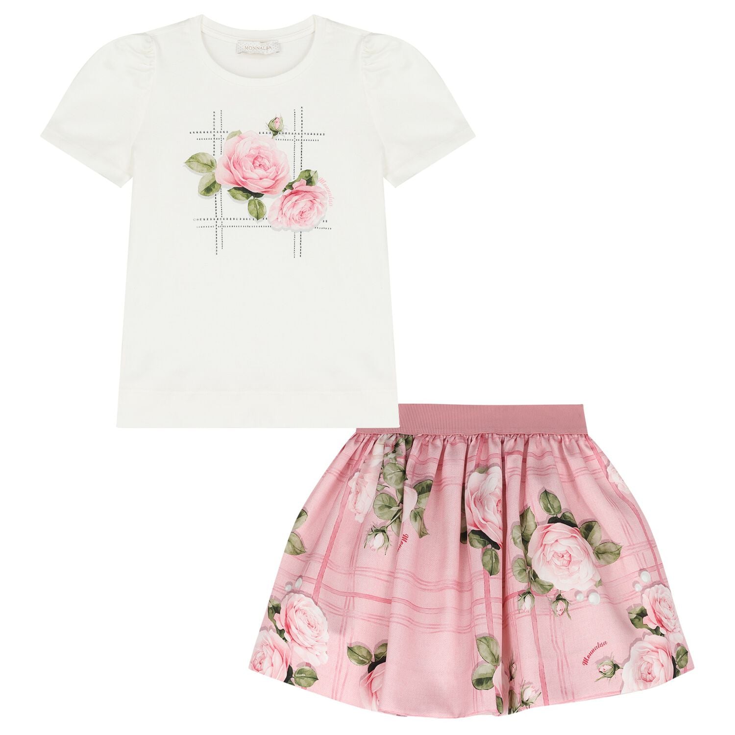 Girls Ivory & Pink Roses Skirt Set, 1, hi-res