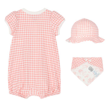 Baby Girls White & Pink Gingham Logo Romper Gift Set