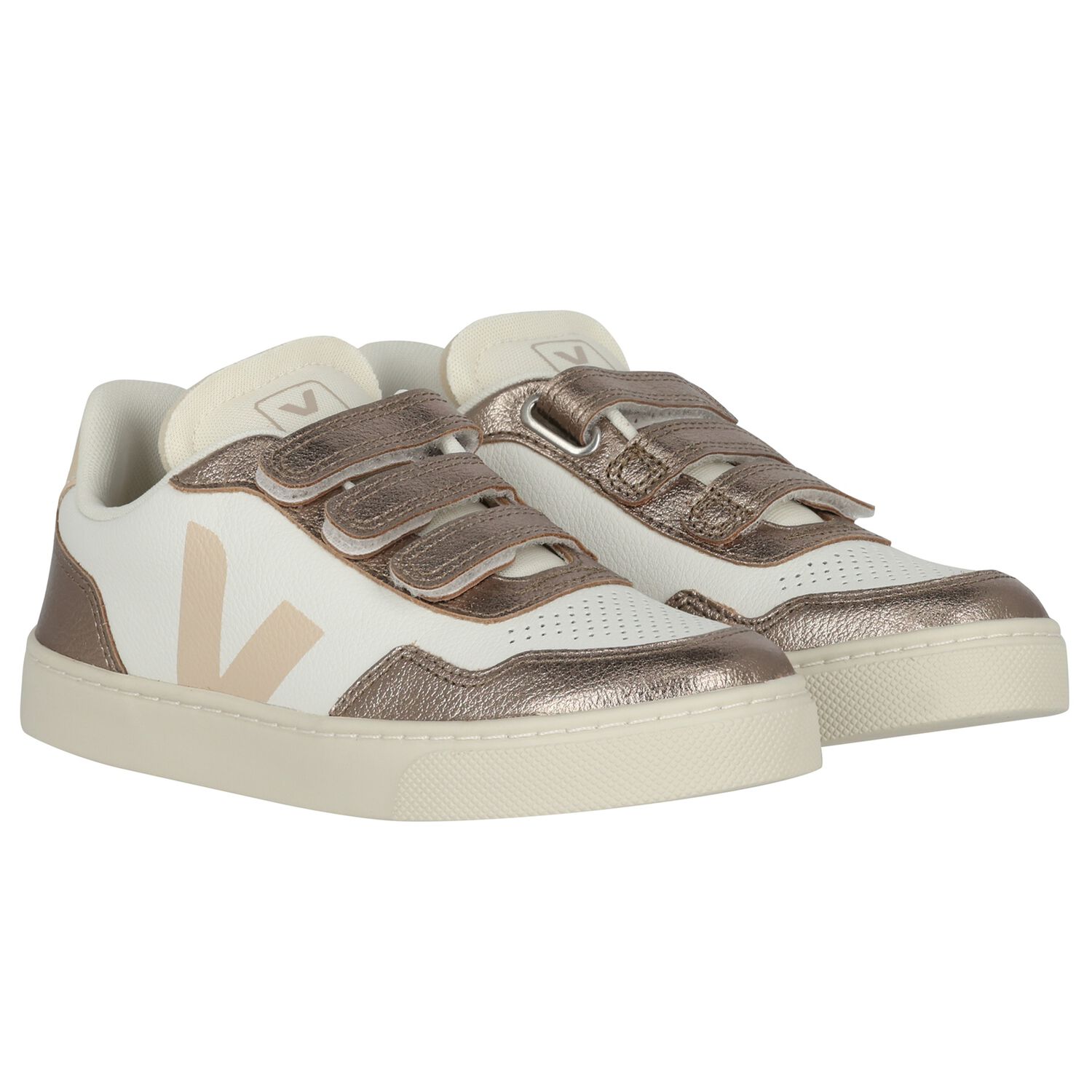 Girls White & Gold Leather Trainers , 1, hi-res