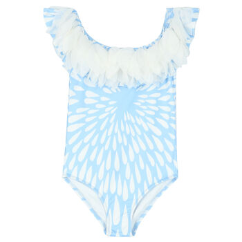 Girls White & Blue Petals Swimsuit