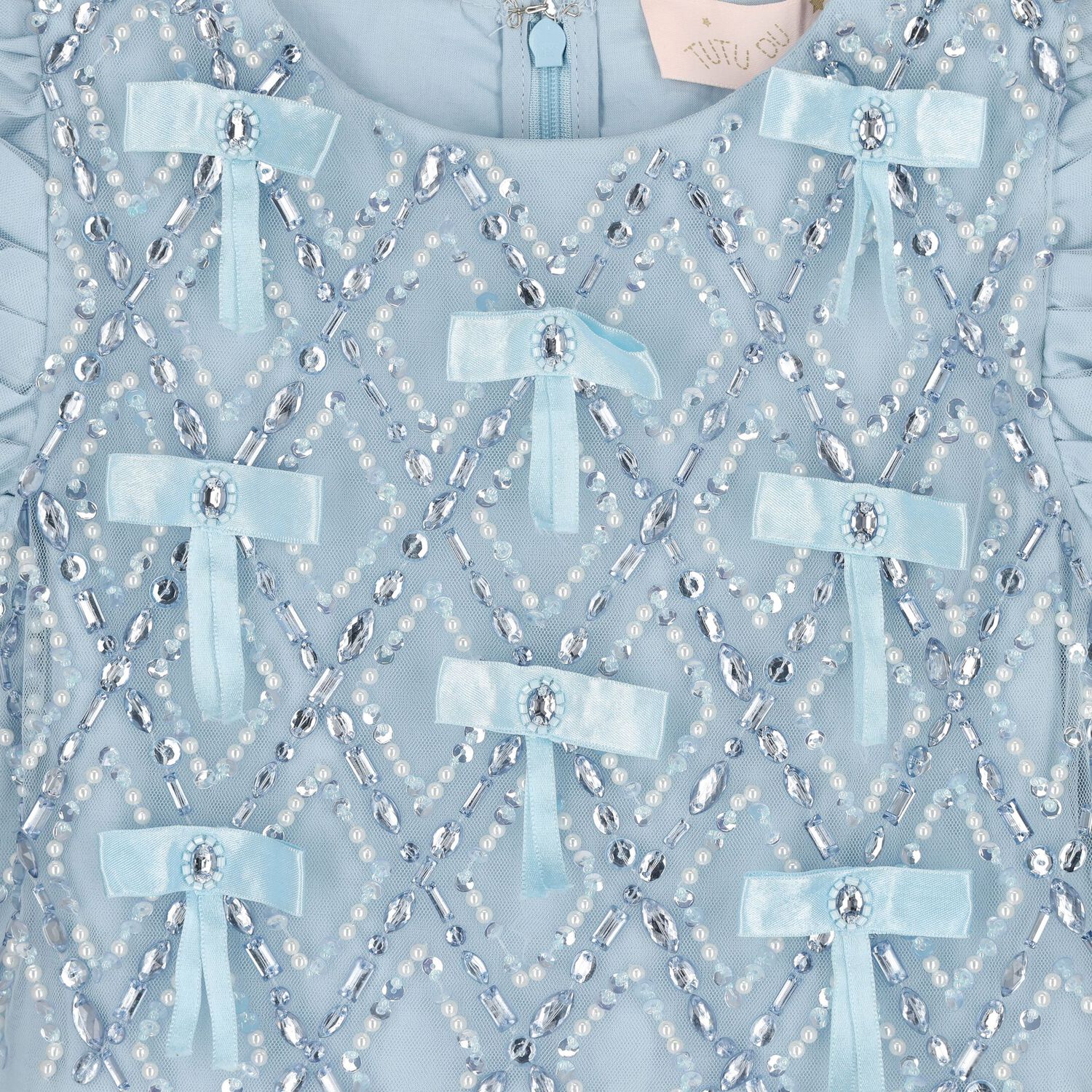 Girls Blue Embellished Crystal Tulle Dress, 1, hi-res