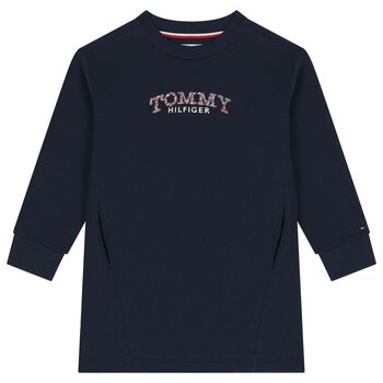 Girls Navy Blue Floral Logo Sweatshirt Dress