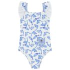 مايوة بنات بطبعة سمكة باللون الأزرق والأبيض, 1, hi-res