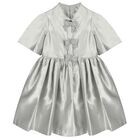 Girls Metallic Silver Glittery Bows Dress, 1, hi-res