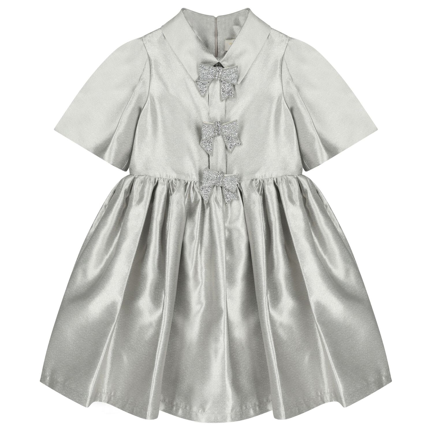 Girls Metallic Silver Glittery Bows Dress, 1, hi-res