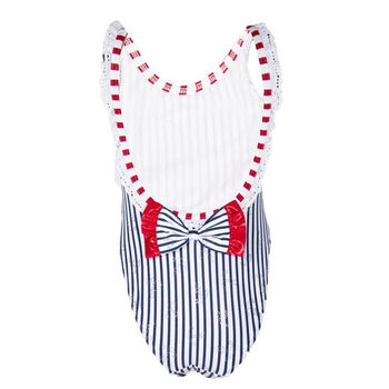 Girls Navy and White Stripped Swimsuit