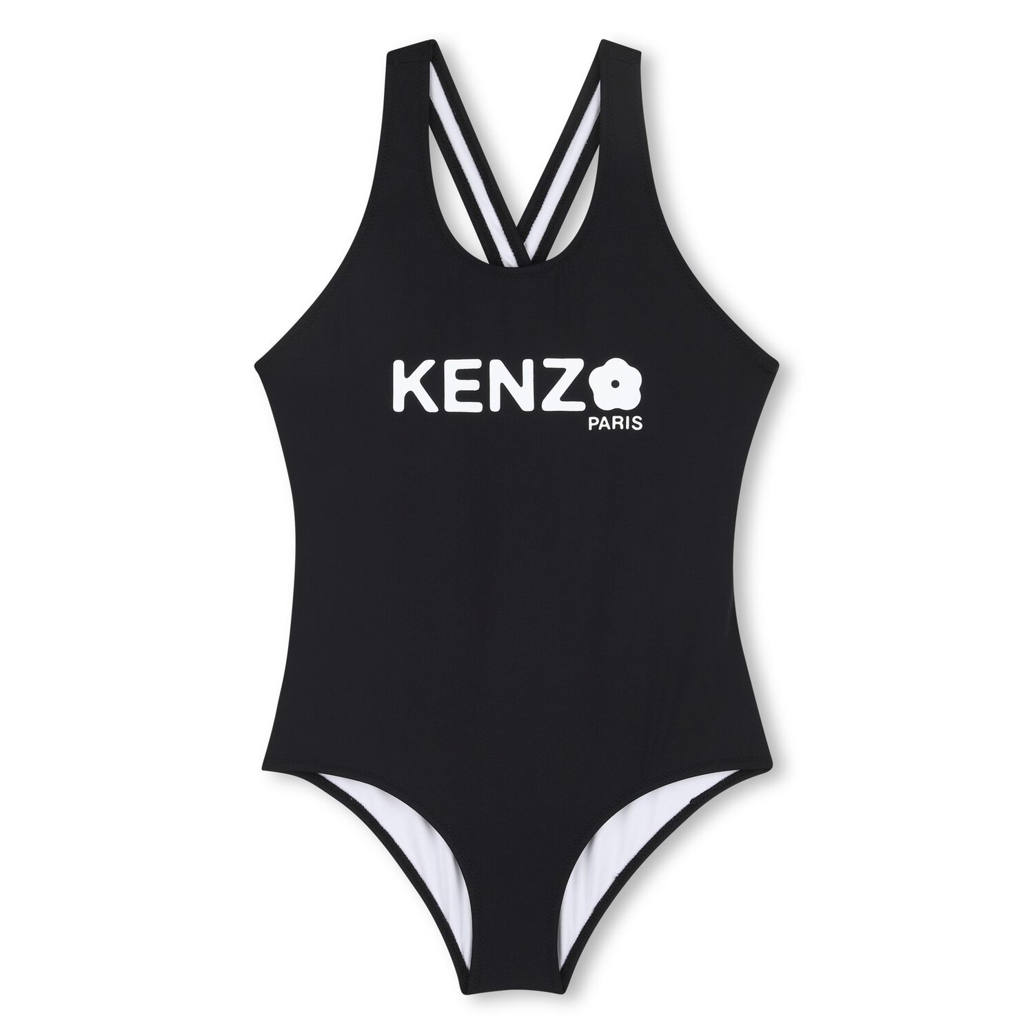بدلة سباحة بالشعار باللون الأسود للبنات, 1, hi-res