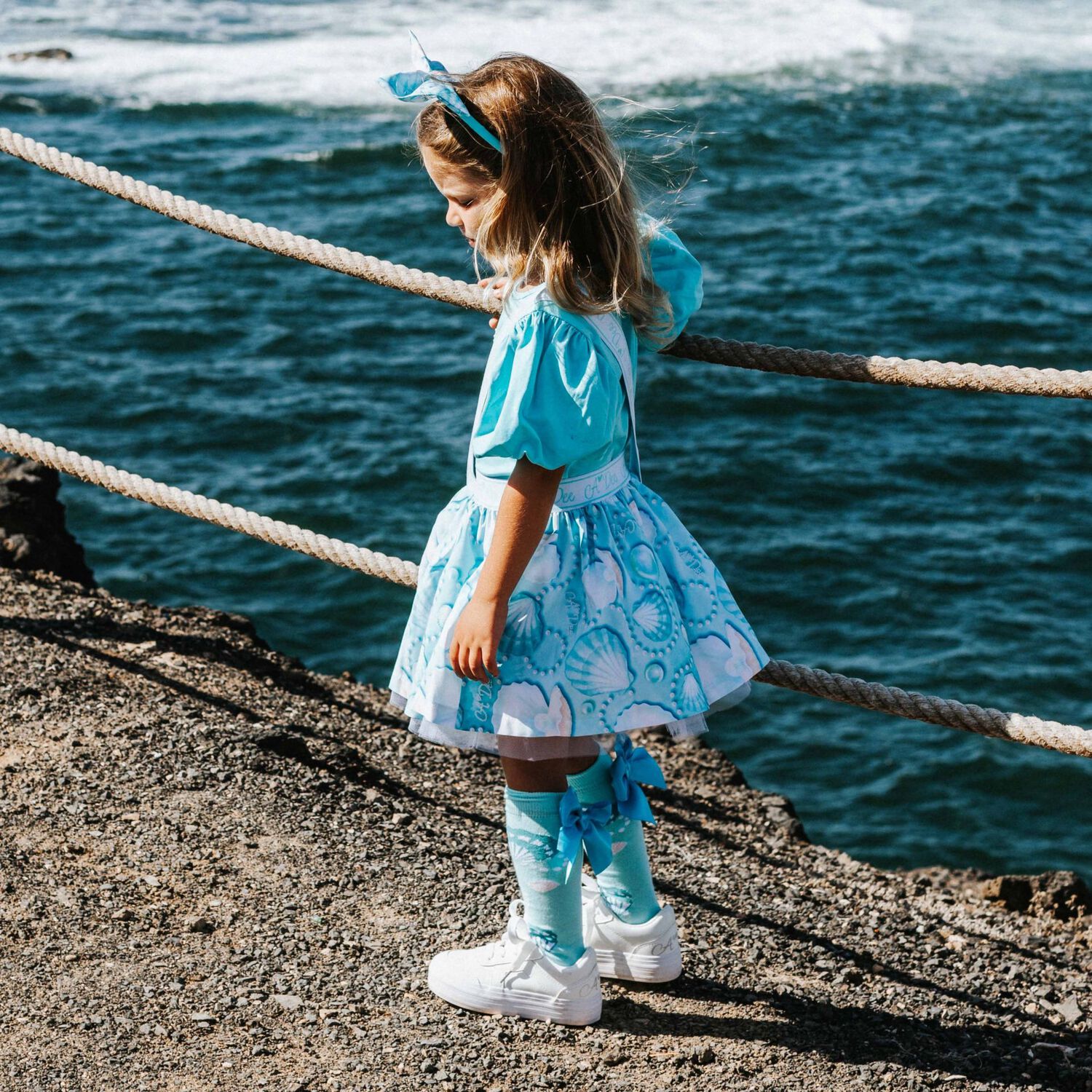 Girls Blue Logo Bow Socks, 1, hi-res