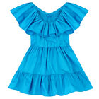 Girls Blue Ruffle Logo Dress, 1, hi-res
